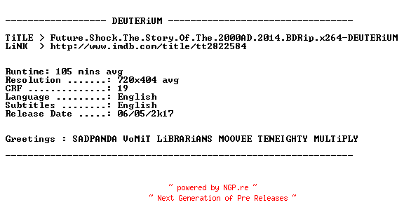 NFO for the release Future.Shock.The.Story.Of.The.2000AD.2014.BDRip.x264-DEUTERiUM by DEUTERiUM
