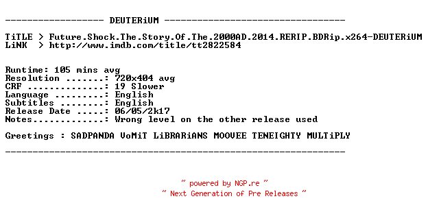 NFO for the release Future.Shock.The.Story.Of.The.2000AD.2014.RERIP.BDRip.x264-DEUTERiUM by DEUTERiUM