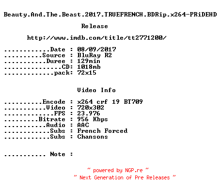 NFO for the release Beauty.And.The.Beast.2017.TRUEFRENCH.BDRip.x264-PRiDEHD by PRiDEHD