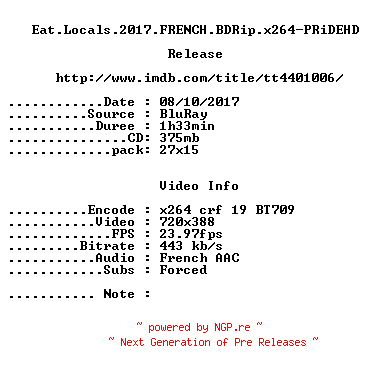 NFO for the release Eat.Locals.2017.FRENCH.BDRip.x264-PRiDEHD by PRiDEHD