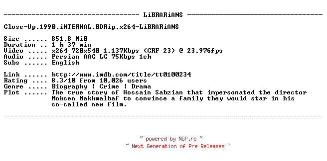 NFO for the release Close-Up.1990.iNTERNAL.BDRip.x264-LiBRARiANS by LiBRARiANS