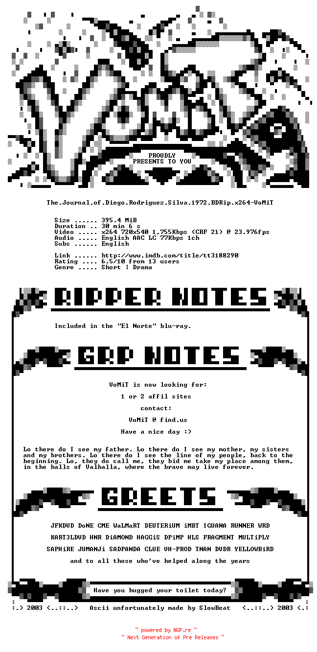 NFO for the release The.Journal.of.Diego.Rodriguez.Silva.1972.BDRip.x264-VoMiT by VoMiT