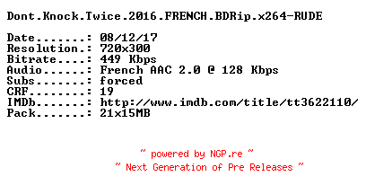 NFO for the release Dont.Knock.Twice.2016.FRENCH.BDRip.x264-RUDE by RUDE
