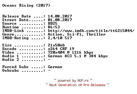 NFO for the release Oceans.Rising.German.2017.AC3.BDRip.x264-SPiCY by SPiCY
