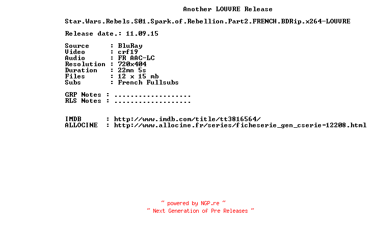 NFO for the release Star.Wars.Rebels.S01.Spark.of.Rebellion.Part2.FRENCH.BDRip.x264-LOUVRE by LOUVRE