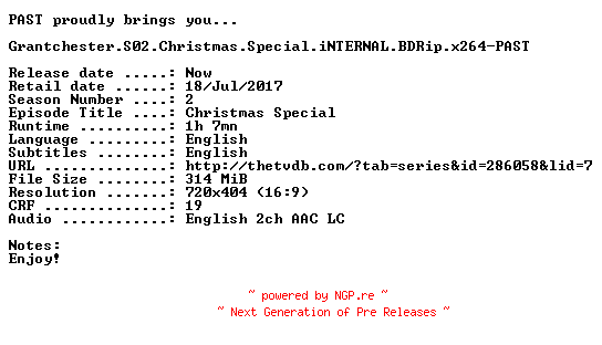 NFO for the release Grantchester.S02.Christmas.Special.iNTERNAL.BDRip.x264-PAST by PAST