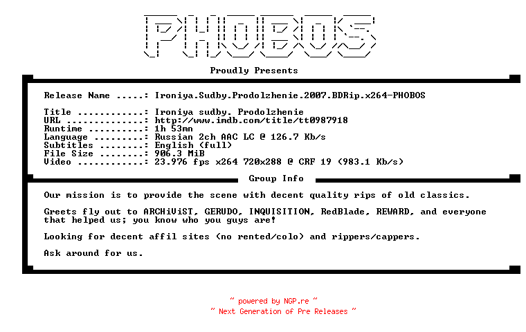 NFO for the release Ironiya.Sudby.Prodolzhenie.2007.BDRip.x264-PHOBOS by PHOBOS
