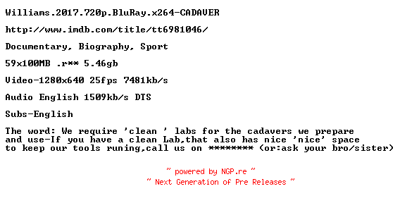 NFO for the release Williams.2017.720p.BluRay.x264-CADAVER by CADAVER