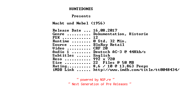 NFO for the release Nacht.und.Nebel.1956.German.720p.BluRay.x264-HUNTEDONES by HUNTEDONES