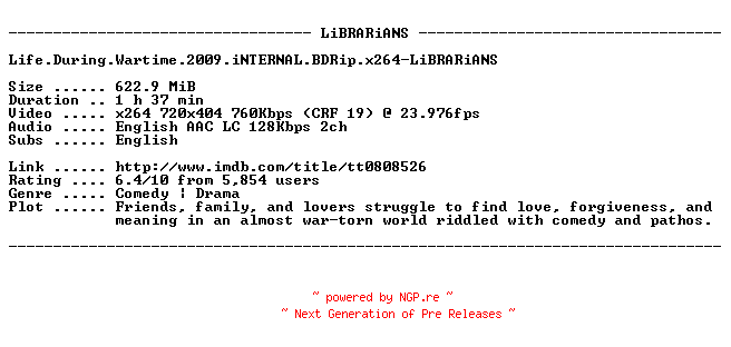NFO for the release Life.During.Wartime.2009.iNTERNAL.BDRip.x264-LiBRARiANS by LiBRARiANS