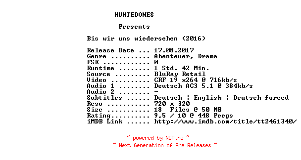 NFO for the release Bis.wir.uns.wiedersehen.German.2016.AC3.BDRip.x264-HUNTEDONES by HUNTEDONES