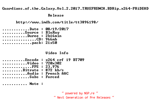 NFO for the release Guardians.of.the.Galaxy.Vol.2.2017.TRUEFRENCH.BDRip.x264-PRiDEHD by PRiDEHD
