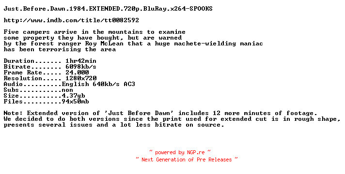 NFO for the release Just.Before.Dawn.1984.EXTENDED.720p.BluRay.x264-SPOOKS by SPOOKS