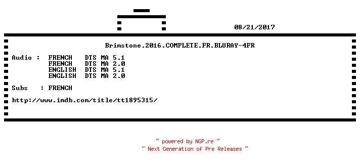 NFO for the release Brimstone.2016.COMPLETE.FR.BLURAY-4FR by 4FR