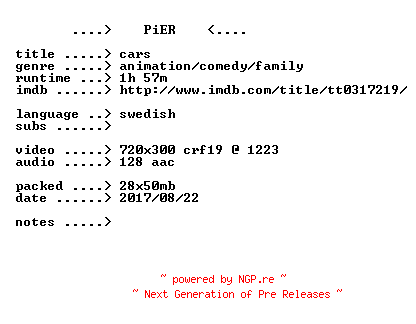 NFO for the release Cars.2006.iNTERNAL.SWEDiSH.BDRip.x264-PiER by PiER