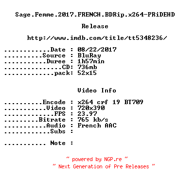 NFO for the release Sage.Femme.2017.FRENCH.BDRip.x264-PRiDEHD by PRiDEHD