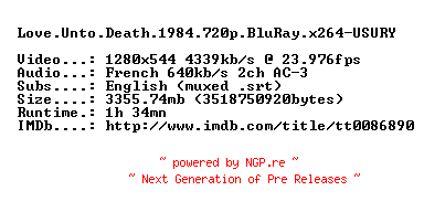 NFO for the release Love.Unto.Death.1984.720p.BluRay.x264-USURY by USURY