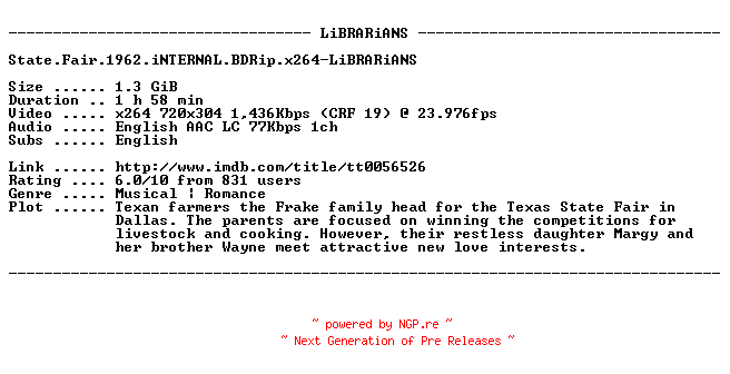 NFO for the release State.Fair.1962.iNTERNAL.BDRip.x264-LiBRARiANS by LiBRARiANS