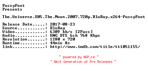 NFO for the release The.Universe.E05.The.Moon.2007.720p.BluRay.x264-PussyFoot by PussyFoot