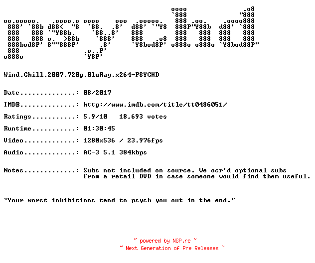 NFO for the release Wind.Chill.2007.720p.BluRay.x264-PSYCHD by PSYCHD