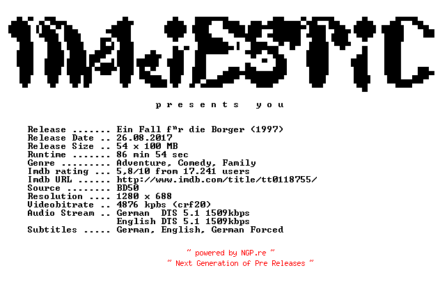 NFO for the release Ein.Fall.fuer.die.Borger.1997.German.DL.720p.BluRay.x264-MAJESTiC by MAJESTiC
