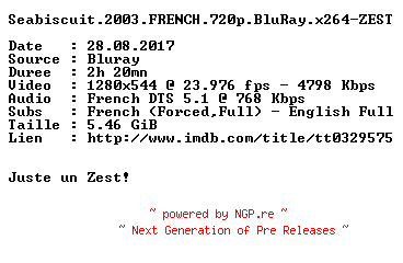 NFO for the release Seabiscuit.2003.FRENCH.720p.BluRay.x264-ZEST by ZEST