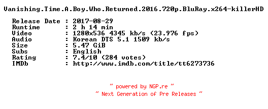 NFO for the release Vanishing.Time.A.Boy.Who.Returned.2016.720p.BluRay.x264-killerHD by killerHD