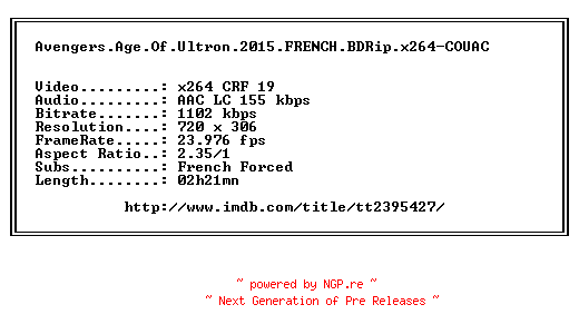 NFO for the release Avengers.Age.Of.Ultron.2015.FRENCH.BDRip.x264-COUAC by COUAC