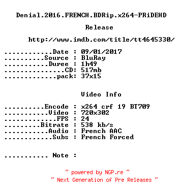 NFO for the release Denial.2016.FRENCH.BDRip.x264-PRiDEHD by PRiDEHD