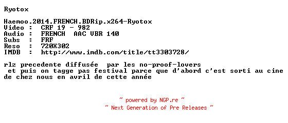 NFO for the release Haemoo.2014.FRENCH.BDRip.x264-Ryotox by Ryotox