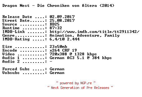 NFO for the release Dragon.Nest.Die.Chroniken.von.Altera.German.2014.AC3.BDRip.x264-SPiCY by SPiCY