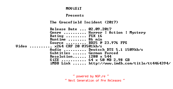 NFO for the release The.Gracefield.Incident.2017.German.720p.BluRay.x264-MOViEiT by MOViEiT