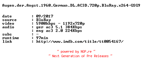NFO for the release Augen.der.Angst.1960.German.DL.AC3D.720p.BluRay.x264-GSG9 by GSG9