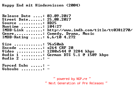 NFO for the release Happy.End.mit.Hindernissen.2004.German.720p.BluRay.x264-SPiCY by SPiCY