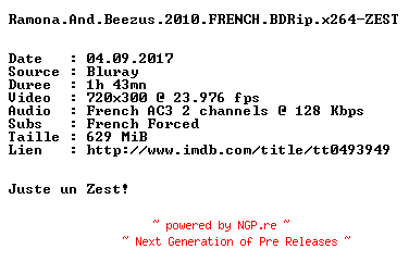 NFO for the release Ramona.And.Beezus.2010.FRENCH.BDRip.x264-ZEST by ZEST