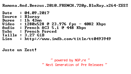 NFO for the release Ramona.And.Beezus.2010.FRENCH.720p.BluRay.x264-ZEST by ZEST