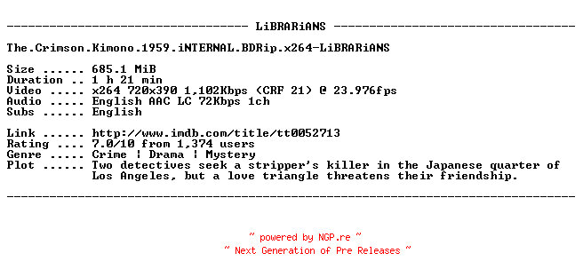 NFO for the release The.Crimson.Kimono.1959.iNTERNAL.BDRip.x264-LiBRARiANS by LiBRARiANS