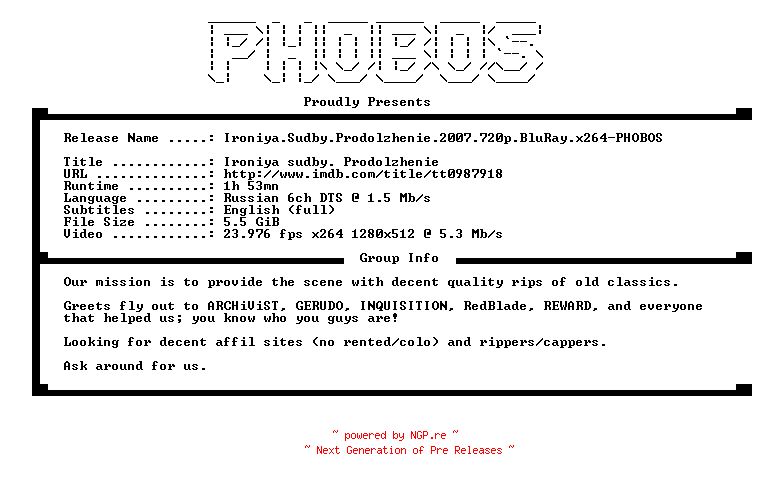 NFO for the release Ironiya.Sudby.Prodolzhenie.2007.720p.BluRay.x264-PHOBOS by PHOBOS