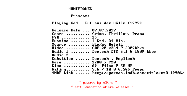 NFO for the release Playing.God.Ruf.aus.der.Hoelle.1997.German.720p.BluRay.x264-HUNTEDONES by HUNTEDONES