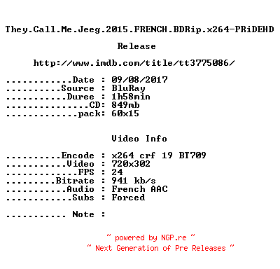 NFO for the release They.Call.Me.Jeeg.2015.FRENCH.BDRip.x264-PRiDEHD by PRiDEHD