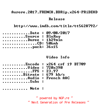 NFO for the release Aurore.2017.FRENCH.BDRip.x264-PRiDEHD by PRiDEHD