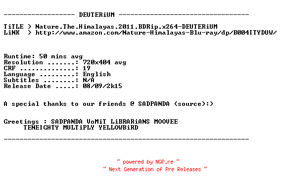 NFO for the release Nature.The.Himalayas.2011.BDRip.x264-DEUTERiUM by DEUTERiUM
