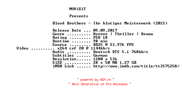 NFO for the release Blood.Brothers.Ihr.blutiges.Meisterwerk.2015.German.720p.BluRay.x264-MOViEiT by MOViEiT