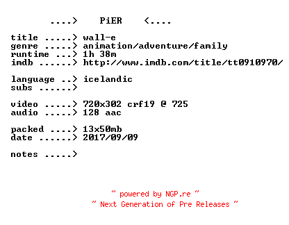 NFO for the release Wall.E.2008.iCELANDiC.BDRip.x264-PiER by PiER
