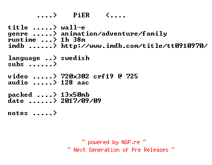 NFO for the release Wall.E.2008.iNTERNAL.SWEDiSH.BDRip.x264-PiER by PiER