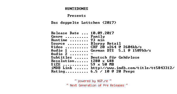NFO for the release Das.doppelte.Lottchen.2017.German.720p.BluRay.x264-HUNTEDONES by HUNTEDONES