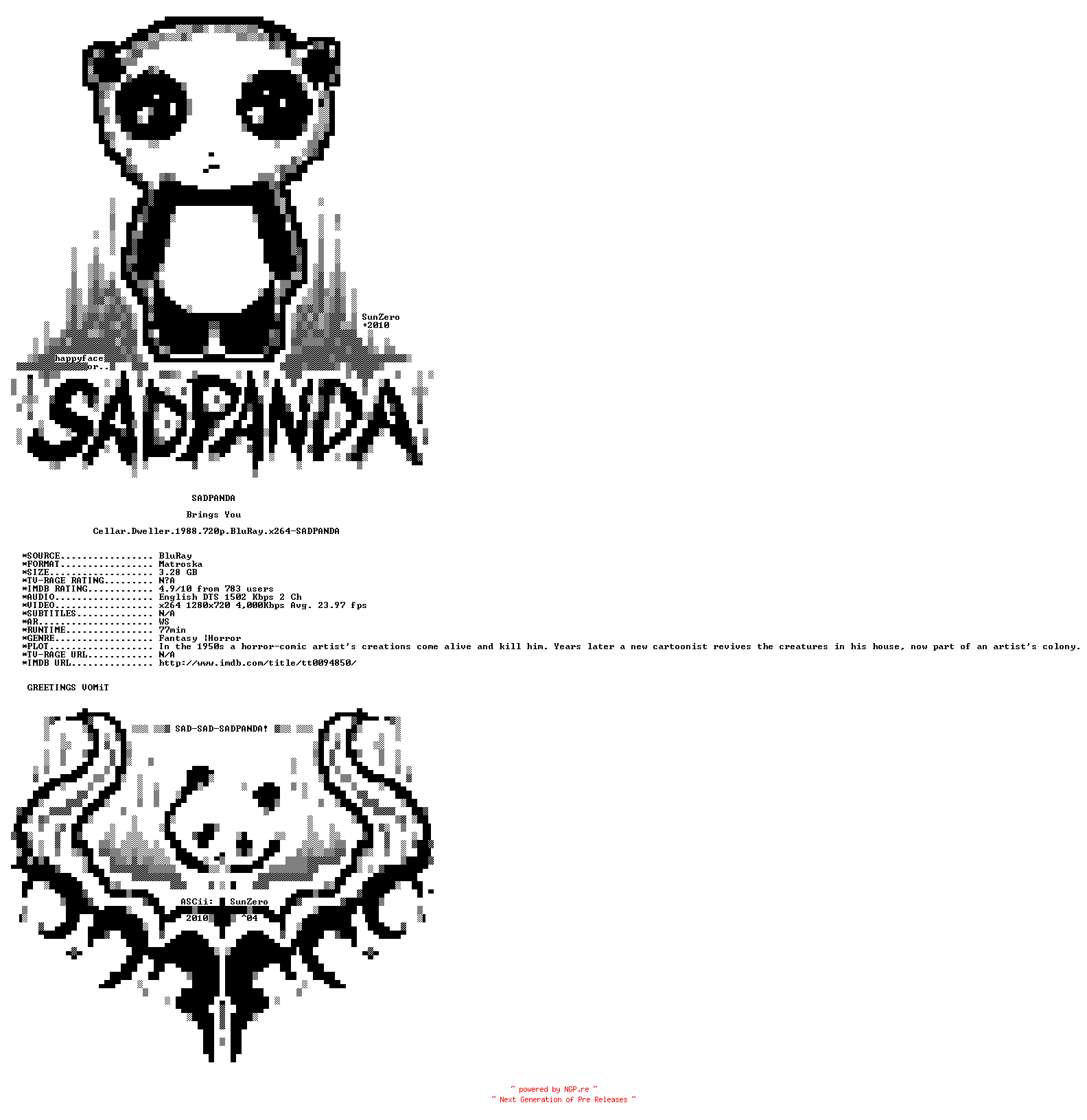 NFO for the release Cellar.Dweller.1988.720p.BluRay.x264-SADPANDA by SADPANDA