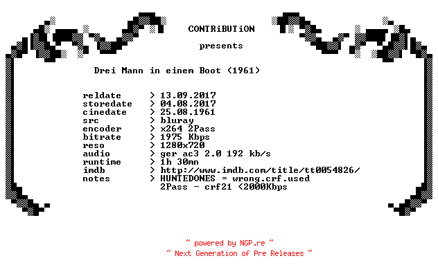 NFO for the release Drei.Mann.in.einem.Boot.1961.German.BDRip.PROPER.x264-CONTRiBUTiON by CONTRiBUTiON