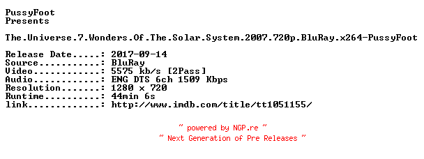 NFO for the release The.Universe.7.Wonders.Of.The.Solar.System.2007.720p.BluRay.x264-PussyFoot by PussyFoot