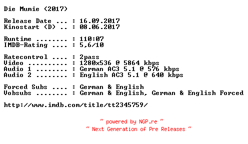 NFO for the release Die.Mumie.2017.German.DL.720p.BluRay.x264-COiNCiDENCE by COiNCiDENCE